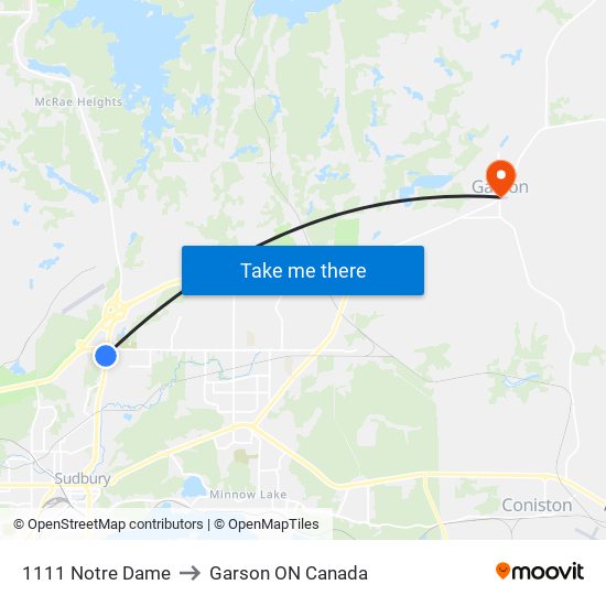 1111 Notre Dame to Garson ON Canada map