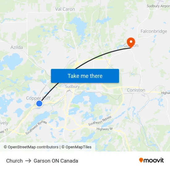 Church to Garson ON Canada map