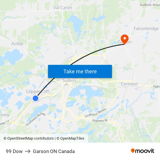 99 Dow to Garson ON Canada map