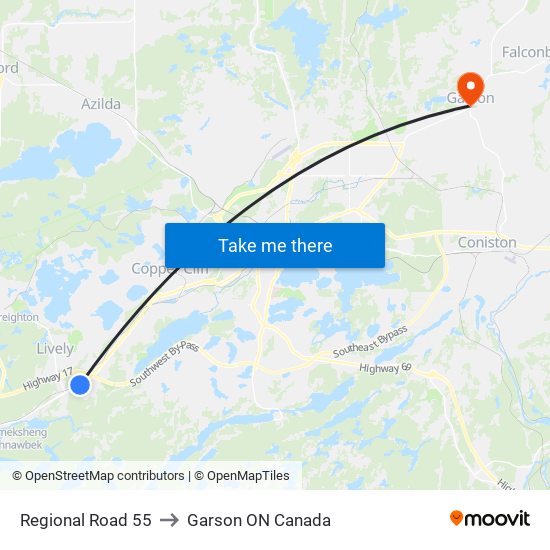 Regional Road 55 to Garson ON Canada map