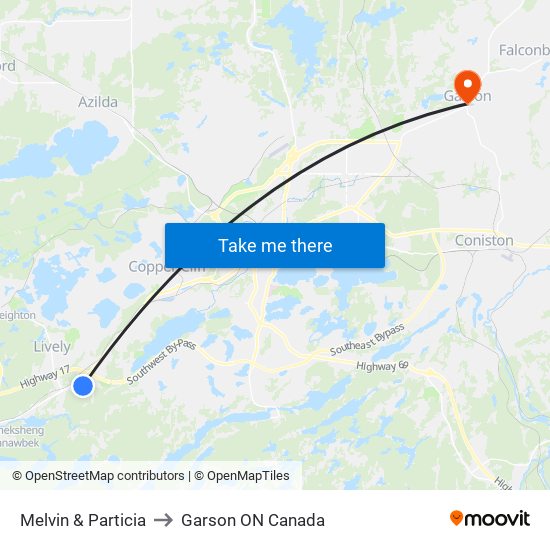 Melvin & Particia to Garson ON Canada map