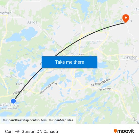 Carl to Garson ON Canada map