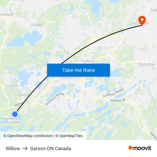 Willow to Garson ON Canada map