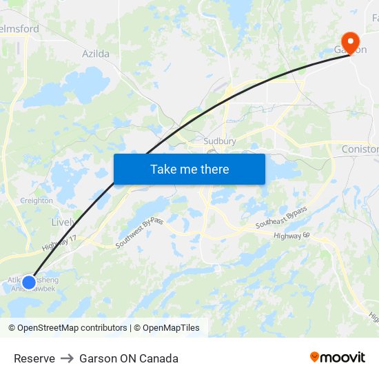 Reserve to Garson ON Canada map