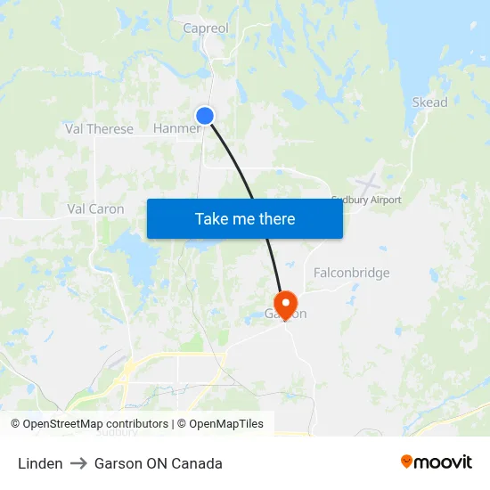 Linden to Garson ON Canada map