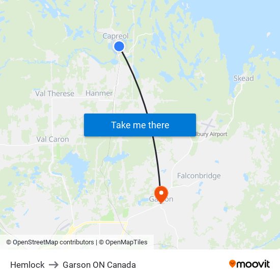 Hemlock to Garson ON Canada map