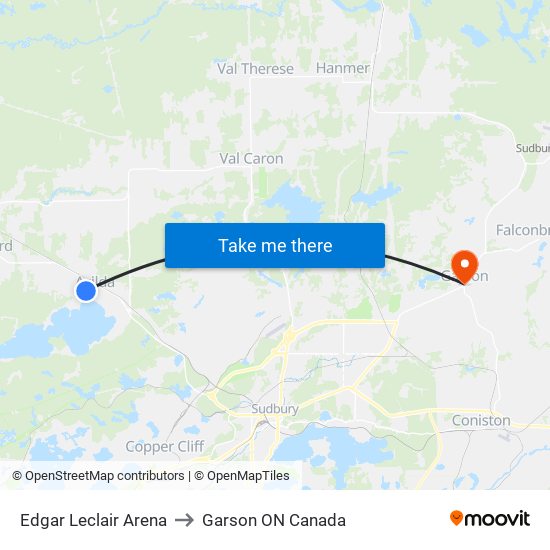 Edgar Leclair Arena to Garson ON Canada map