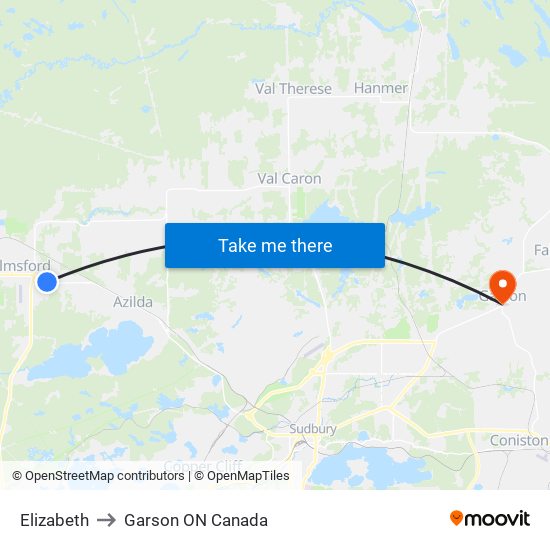 Elizabeth to Garson ON Canada map