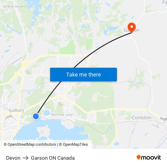 Devon to Garson ON Canada map