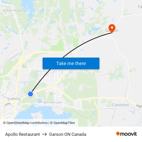 Apollo Restaurant to Garson ON Canada map