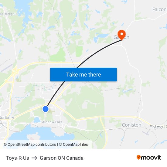 Toys-R-Us to Garson ON Canada map