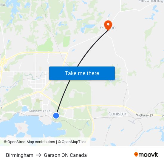 Birmingham to Garson ON Canada map