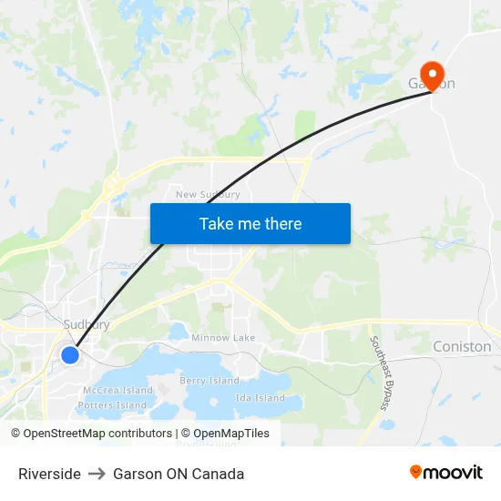 Riverside to Garson ON Canada map