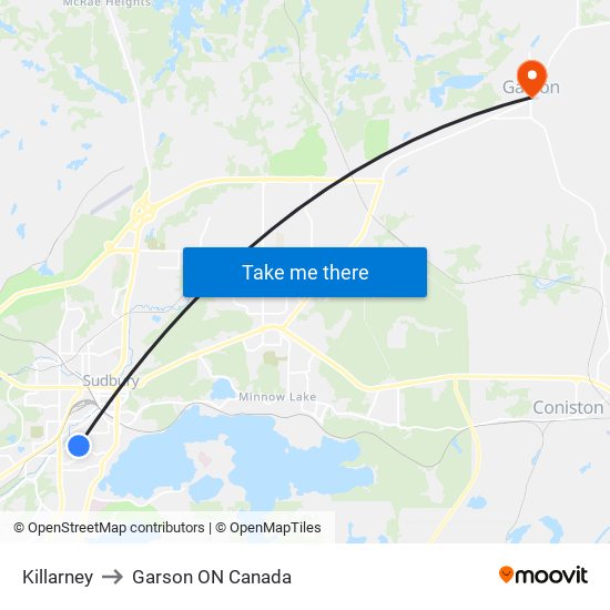 Killarney to Garson ON Canada map