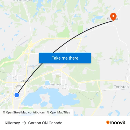Killarney to Garson ON Canada map