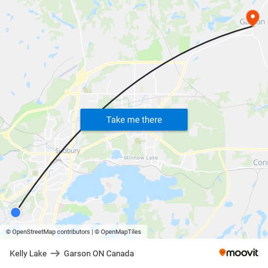 Kelly Lake to Garson ON Canada map