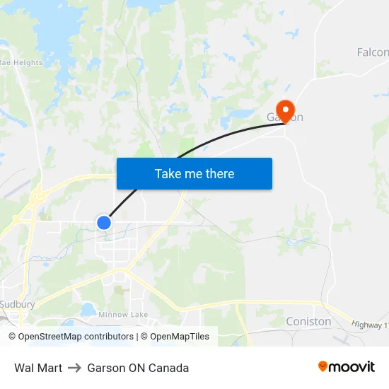 Wal Mart to Garson ON Canada map