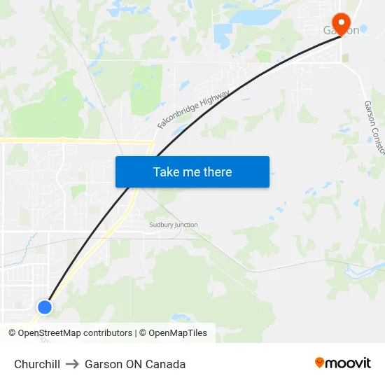 Churchill to Garson ON Canada map