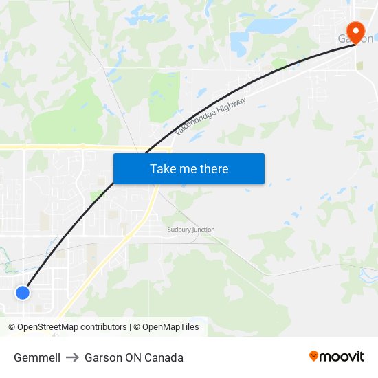 Gemmell to Garson ON Canada map