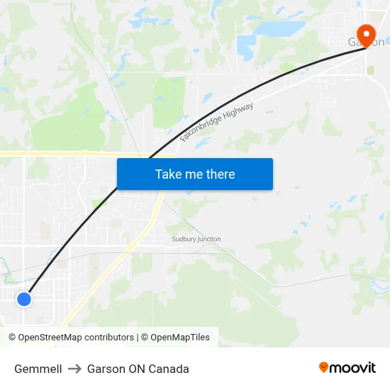 Gemmell to Garson ON Canada map
