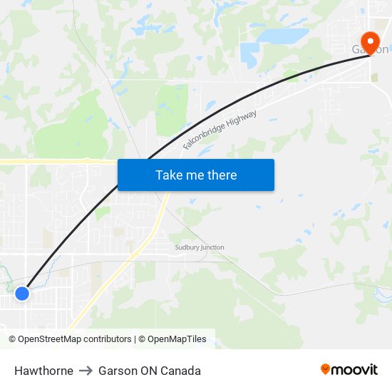 Hawthorne to Garson ON Canada map