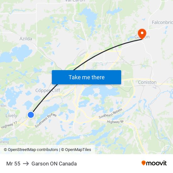 Mr 55 to Garson ON Canada map