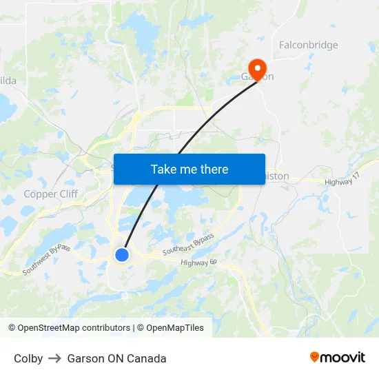 Colby to Garson ON Canada map