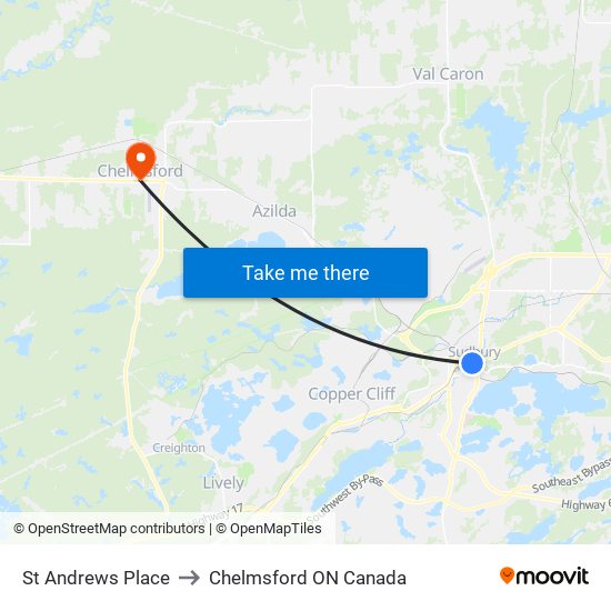 St Andrews Place to Chelmsford ON Canada map