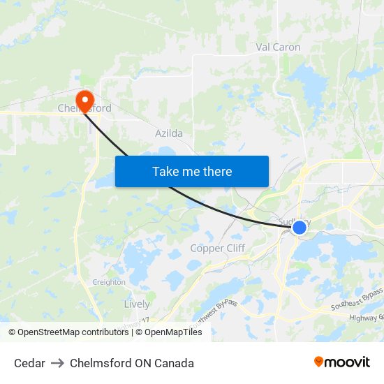 Cedar to Chelmsford ON Canada map