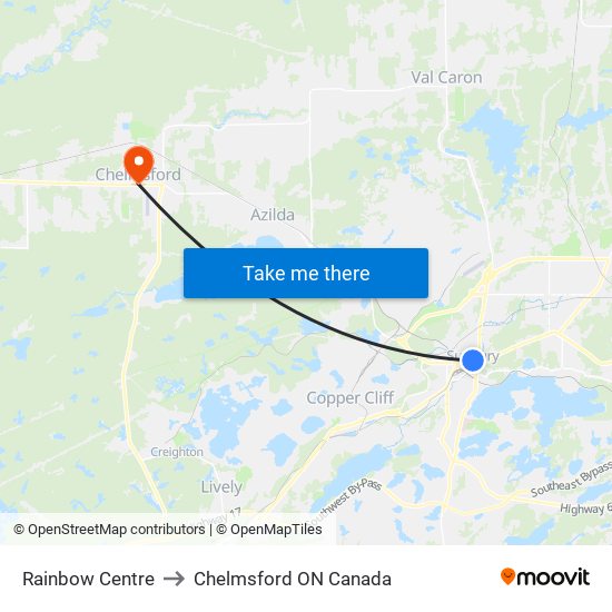 Rainbow Centre to Chelmsford ON Canada map