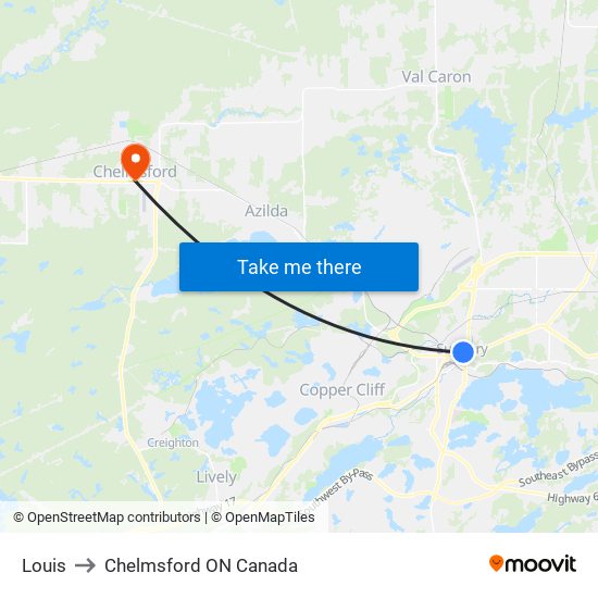 Louis to Chelmsford ON Canada map
