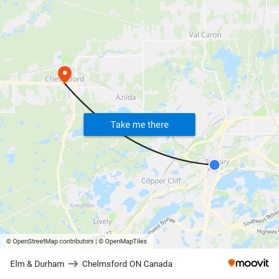 Elm & Durham to Chelmsford ON Canada map