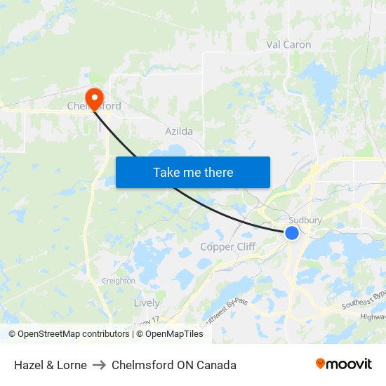 Hazel & Lorne to Chelmsford ON Canada map