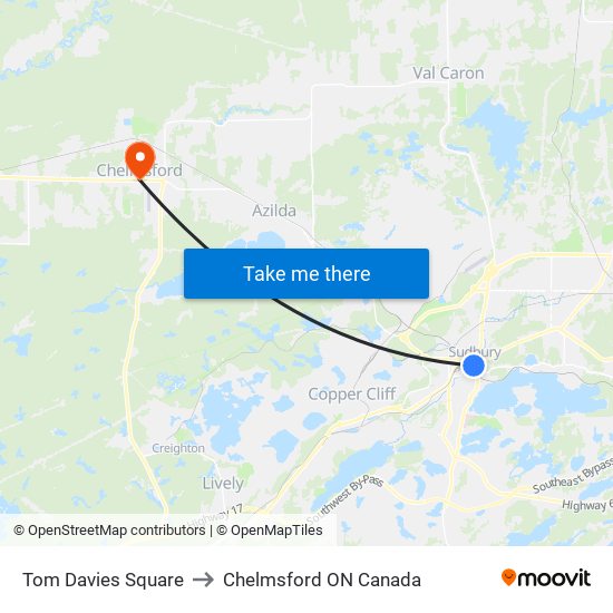Tom Davies Square to Chelmsford ON Canada map
