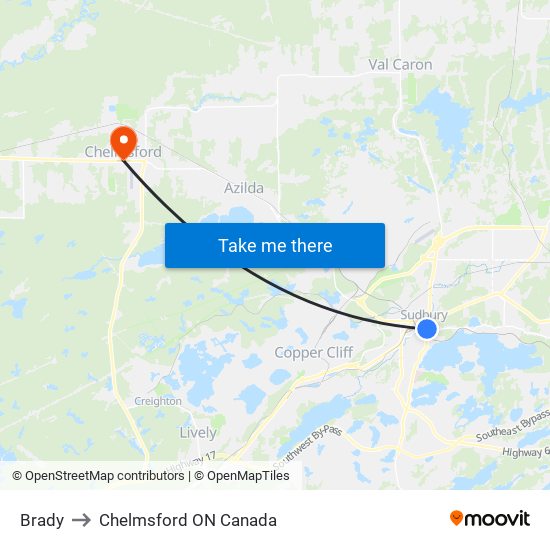 Brady to Chelmsford ON Canada map