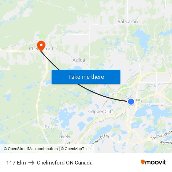 117 Elm to Chelmsford ON Canada map