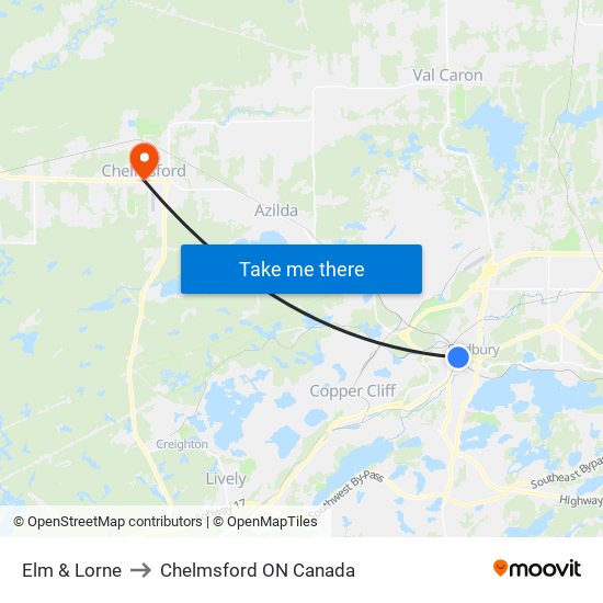 Elm & Lorne to Chelmsford ON Canada map