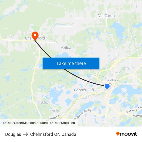 Douglas to Chelmsford ON Canada map