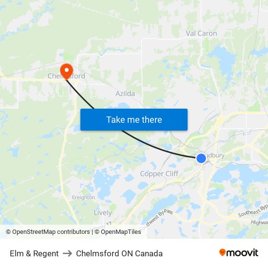 Elm & Regent to Chelmsford ON Canada map