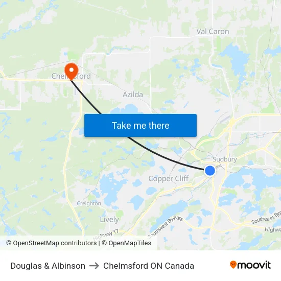 Douglas & Albinson to Chelmsford ON Canada map