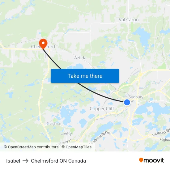 Isabel to Chelmsford ON Canada map
