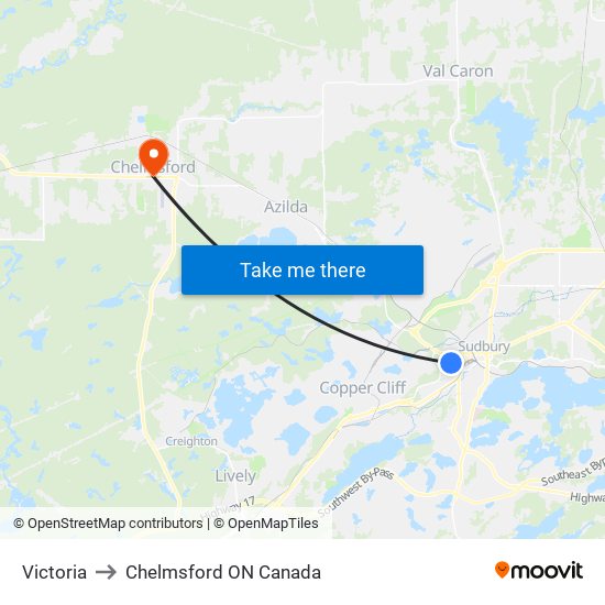Victoria to Chelmsford ON Canada map