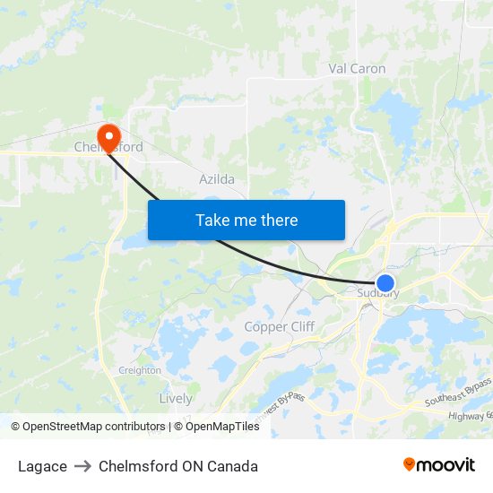 Lagace to Chelmsford ON Canada map