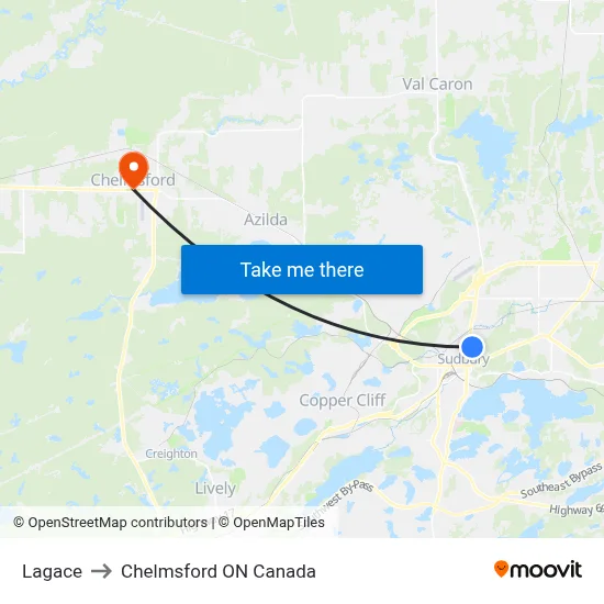 Lagace to Chelmsford ON Canada map
