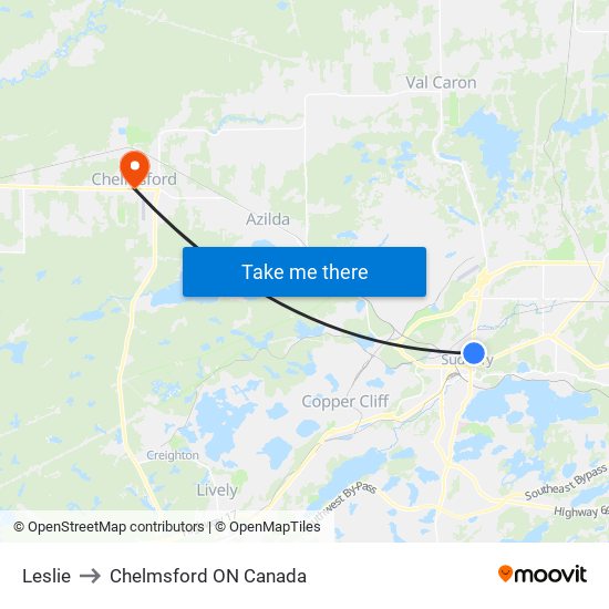 Leslie to Chelmsford ON Canada map