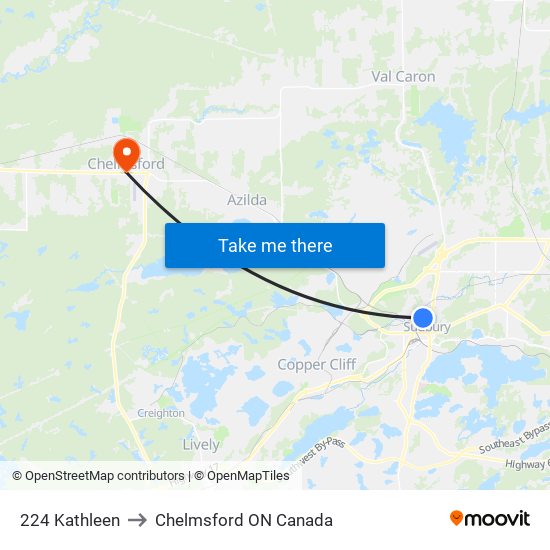 224 Kathleen to Chelmsford ON Canada map