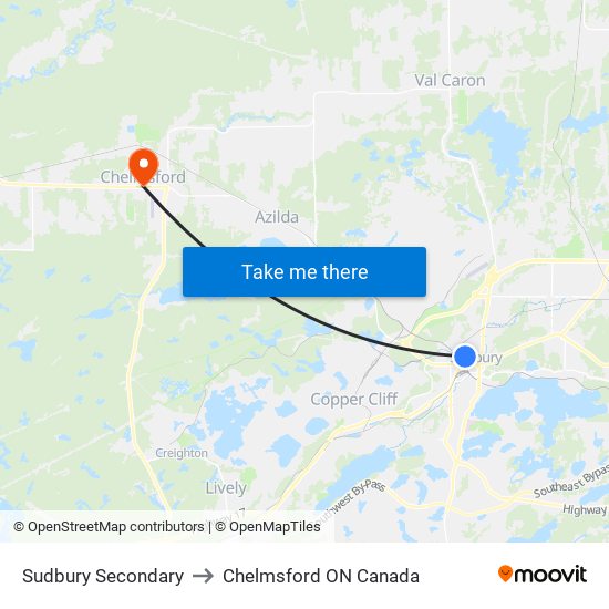 Sudbury Secondary to Chelmsford ON Canada map