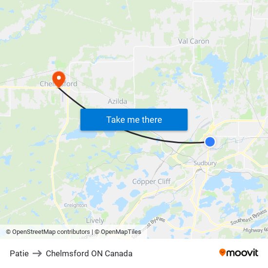 Patie to Chelmsford ON Canada map