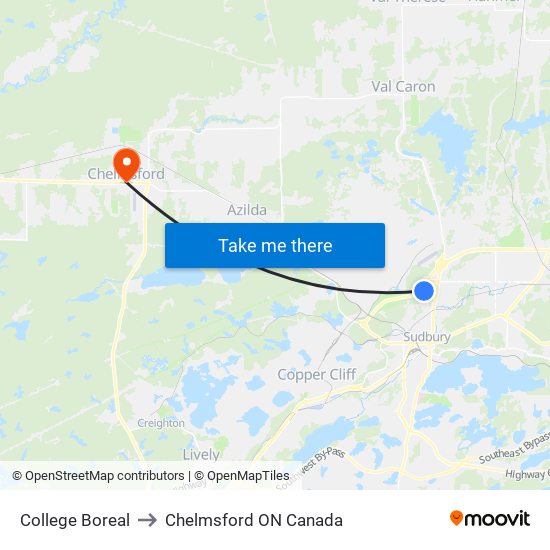 College Boreal to Chelmsford ON Canada map