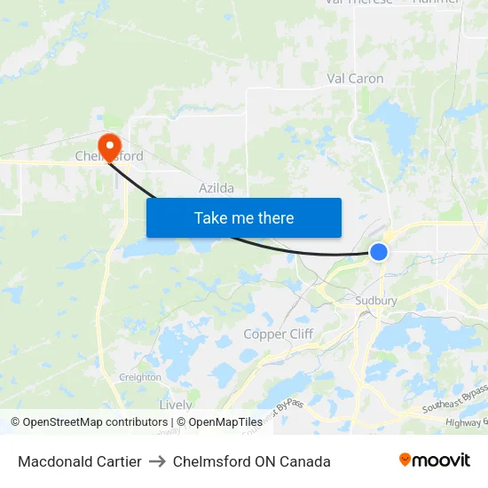 Macdonald Cartier to Chelmsford ON Canada map